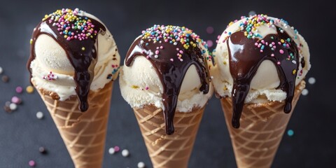 Sticker - Three colorful ice cream cones with chocolate drizzle and sprinkles, perfect for a sweet treat or party decoration