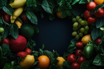 Sticker - Fresh fruit and vegetable arrangement on a dark surface