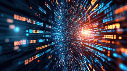 A vibrant visualization of data flowing in a digital space, featuring glowing binary codes and bursts of light, representing technology and information transfer.