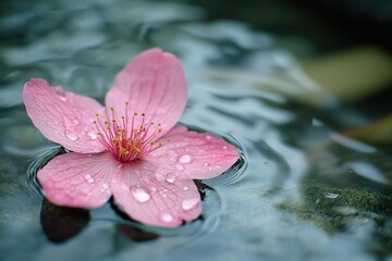 Wall Mural - A single pink flower floats on the surface of calm water, perfect for use in scenes about nature, serenity, or solitude