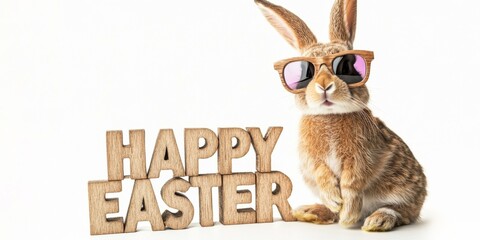Wall Mural - happy easter concept holiday greeting card with 3d text - cool easter bunny rabbit with sunglasses, 