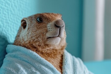 Wall Mural - A groundhog wrapped in a blue towel, perfect for winter or hibernation scenes