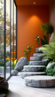 © AgungRikhi - Modern Interior Design: Grey Stone Steps with Lush Greenery Against an Orange Wall