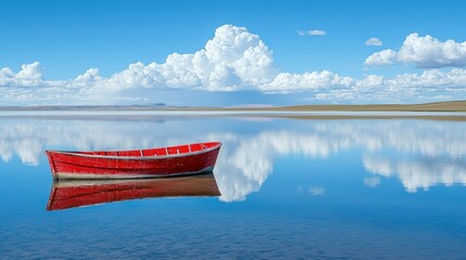 Wall Mural - Red rowboat on reflective lake under cloudy sky.