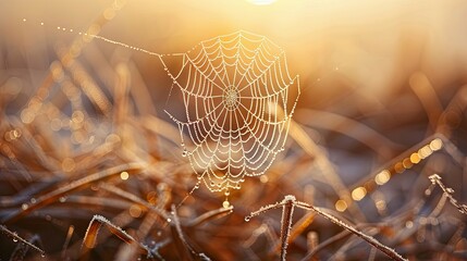 Dewdrops adorn a spiderweb in morning sunlight