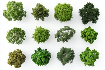 Cutout top view trees set landscaping 3d render on white background 