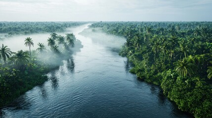 Sticker - River winding through jungle with mist.