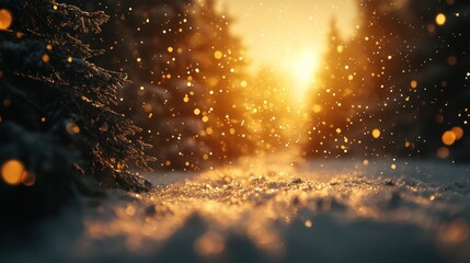 Poster - Golden sunset, snowy forest path, winter wonderland, snowfall