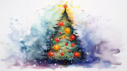 Wall Mural - decorated bright christmas tree watercolor illustration isolated on white background, print