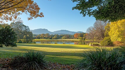 Sticker - Scenic view of lake, autumn trees, mountain background.