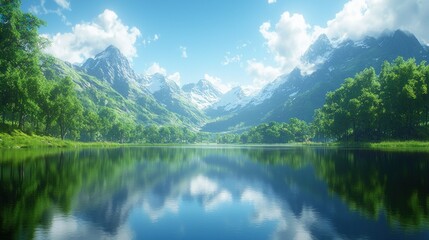 Wall Mural - Serene lake reflecting majestic snowy mountains and lush green trees.