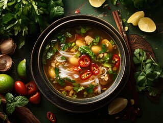 Poster - A bowl of soup with a variety of vegetables and spices. The soup is served in a black bowl and is garnished with lime wedges