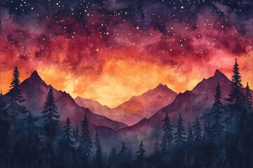 Wall Mural - Watercolor night landscape with mountains and trees under a starry sky with a gradient