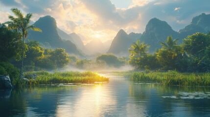 Wall Mural - Sun rises over river, mountains, fog, trees.