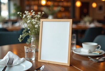 Wall Mural - Empty wooden frame menu sign on a restaurant table with cutlery and modern decor, mockup