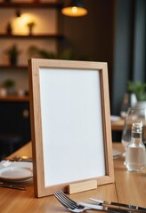 Wall Mural - Empty wooden frame menu sign on a restaurant table with cutlery and modern decor, mockup