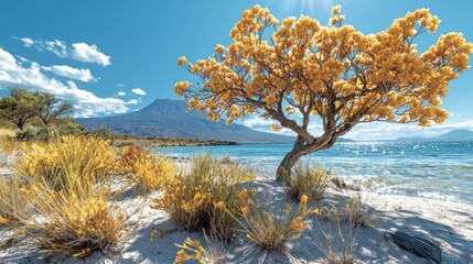 Wall Mural - Sunny day at lakeside with autumn plants.