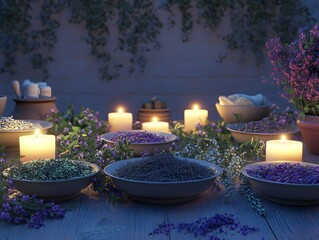 Serene Spa Inspired Botanical Display with Glowing Candles and Lavender Accents