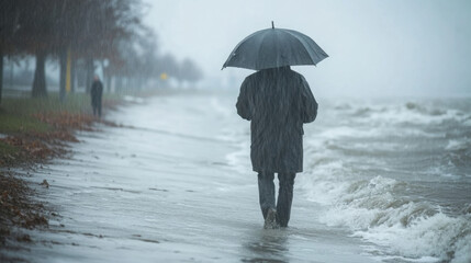 man with umbrella walking under heavy rain