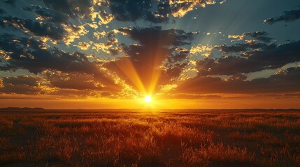 Wall Mural - Sunset rays over a dry grassy field.