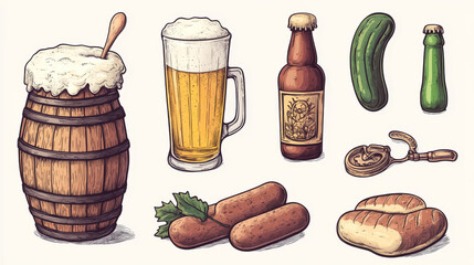 Oktoberfest German beer festival vector icons of food and traditional symbols. Bavarian craft beer in wooden barrel, bottle opener and Tyrolean hat, pint mug with froth and bratwurst sausage