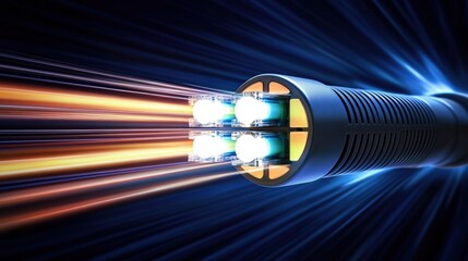 Fototapete - High-Speed Fiber Optic Cable with Light Pulses Emitting in Motion