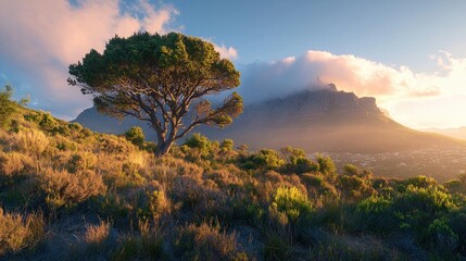 Wall Mural - Tree, mountain, clouds at sunset.