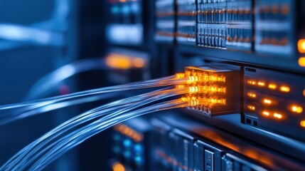 Fototapete - Close-Up of Brightly Lit Data Cables in Server Room Setup