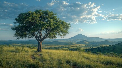 Wall Mural - Tree on grassy hill with mountain backdrop and clouded sky.