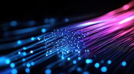 Fototapete - Vibrant Abstract Image of Fiber Optic Cables in Blue and Pink Hue