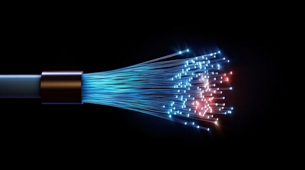 Fototapete - Vibrant Fiber Optic Cable with Glowing Light Strands on Black Background