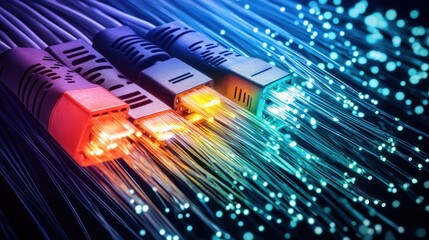 Fototapete - Colorful Fiber Optic Cables with Ethernet Connectors on Dark Background