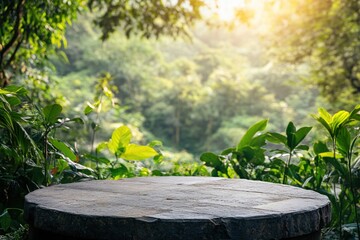 rustic wooden tabletop displaying tropical greenery and sunlight in a lush forest setting