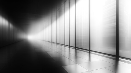 Wall Mural - Misty corridor with glass walls creating an ethereal atmosphere in an urban setting during daylight hours. Generative AI