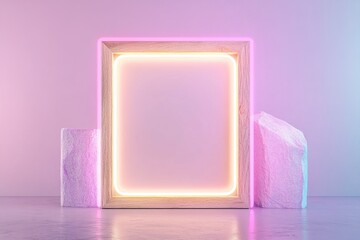 Poster - The artwork features a natural wooden frame illuminated by soft neon accents, resting amidst pastel-colored geometric blocks, creating a serene, modern ambiance