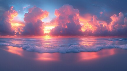 Sticker - Vibrant sunrise over ocean with colorful clouds and gentle waves.