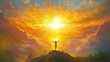 © Supachok - A serene sunrise over a vast mountain range, with golden rays illuminating a person standing with open arms, symbolizing divine love and spiritual connection.