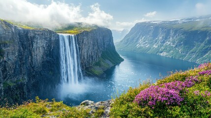 Poster - Waterfall cascading into fjord with flowers.