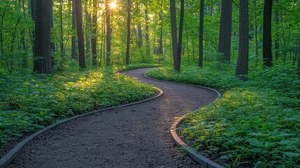 Sticker - Winding path through sunlit forest.