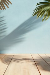 Poster - A polished wooden deck is adorned with vivid tropical leaves casting playful shadows. The setting is bright and inviting, perfect for relaxation or leisurely activities