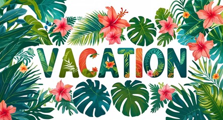 Wall Mural - vacation lettering with tropical plants leaves and flowers design on plain white background