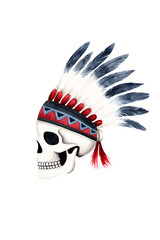 Wall Mural - Watercolor native American skull with Indian headdress artwork isolated on white background