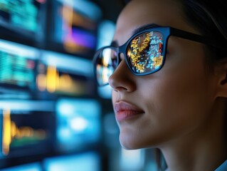 Wall Mural - a close-up of an it professional's face, glowing light from multiple screens reflected in their glas