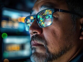 Wall Mural - a close-up of an it professional's face, glowing light from multiple screens reflected in their glas