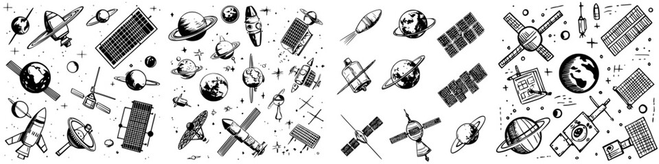 Wall Mural - collection of space-themed illustrations featuring planets, rockets, and satellites in a detailed pa
