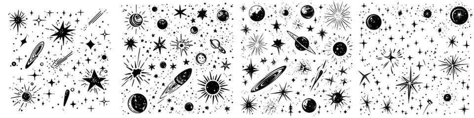 Wall Mural - starry night sky filled with planets, comets, and celestial objects on a white background
