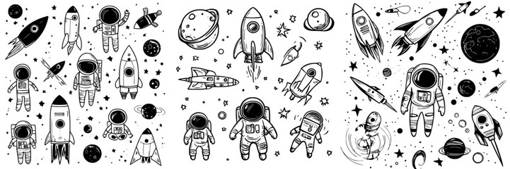 Wall Mural - creative illustration of astronauts, rockets, and planets in a cosmic setting