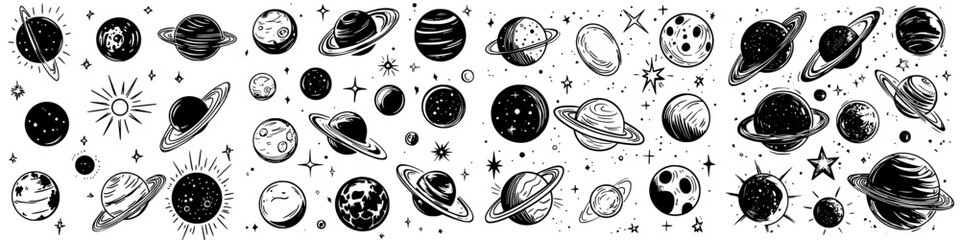Wall Mural - diverse array of planets and celestial bodies illustrated in black and white design