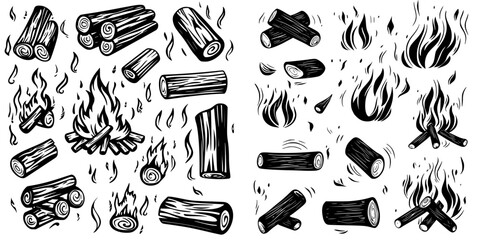 collection of wood logs and campfire illustrations with flames and smoke