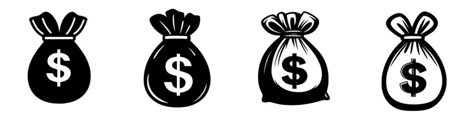 Collection of four money bags with dollar signs in a simple black and white design